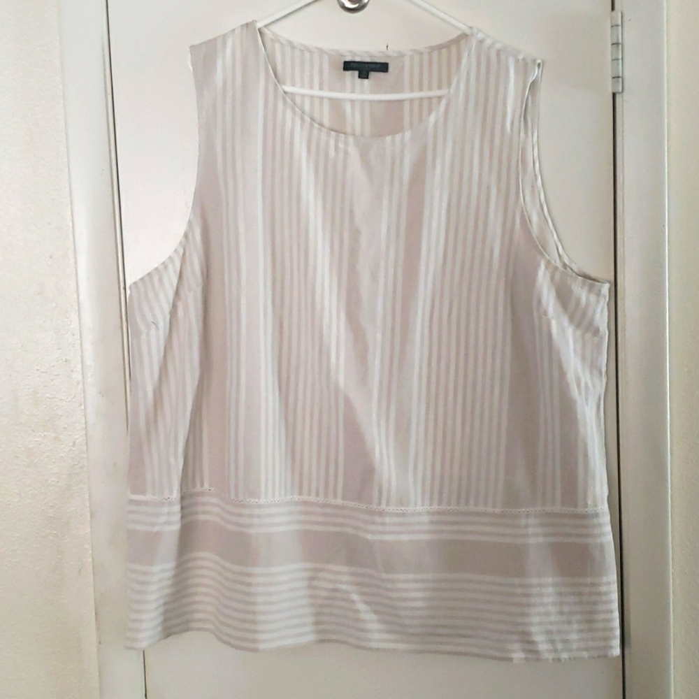 For Cynthia Khaki and White Striped Shell with Knit Trim Linen Blend Size 3X